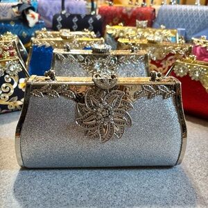 Glamorous Silver Floral Clutch with Crossbody chain strap